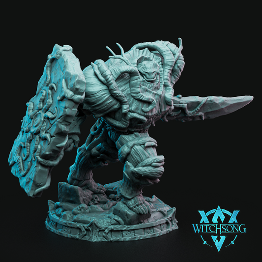 A model of a forest like guardian with a sword and shield. The head and body looks like tree bark with vines attached. It stands around 105mm on its base and is printed in abs like resin.