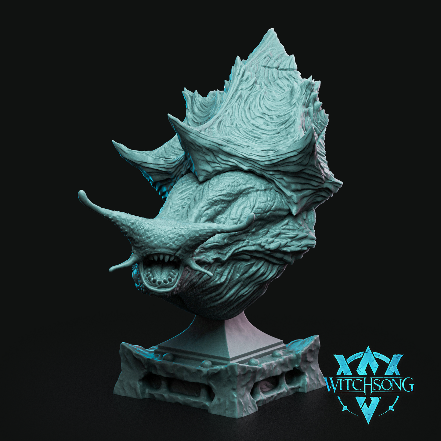 A bust of a snail god featuring its face and parts of the shell. The model is 3d printed in abs like resin and stands around 100mm tall on its base.