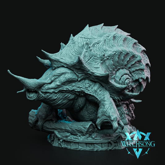 A model of a snail god featuring a large shell on top of a snails body that has arms. The model is 3d printed in abs like resin and stands around 100mm tall on its base.